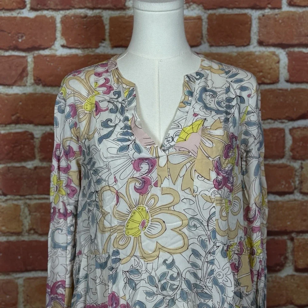 Maeve By Anthropologie Long Sleeve Blouse Women Size 6 V Neck Ivory Floral‎ Boho